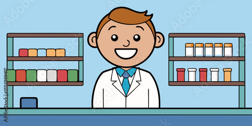 A smiling pharmacist in a white coat standing behind a counter with shelves of medicine in the background. Professional and welcoming.