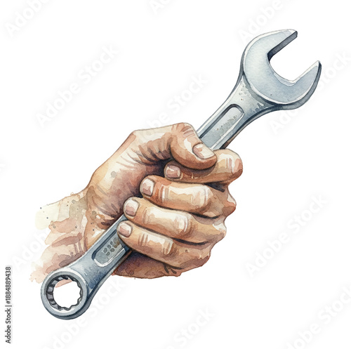 A strong hand firmly holds a silver wrench tool ready for repair work in detailed watercolor illustration style