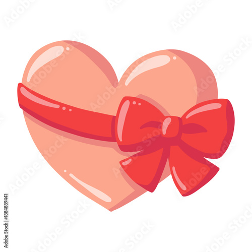 Light pink heart with red bow and ribbon. Romantic Valentine symbol. Vector isolated cartoon illustration on white background