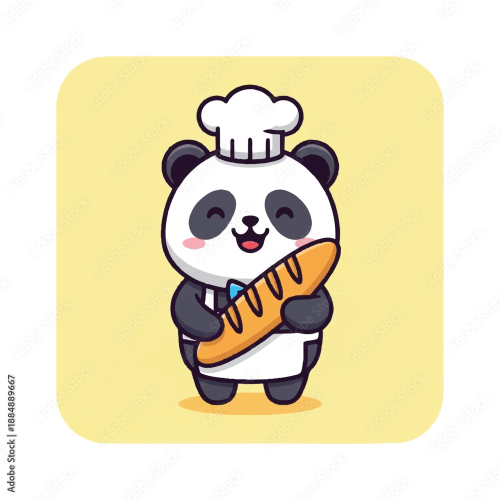 Fototapeta premium Cartoon Panda Chef Holding Bread.