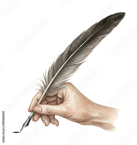 Human Hand Holding an Old Feather Quill Pen Writing on a White Background Watercolor Art Illustration
