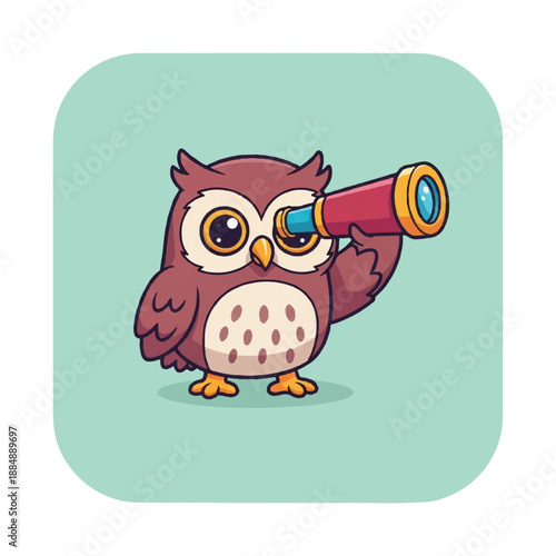 Cartoon Owl Looking Through Telescope.