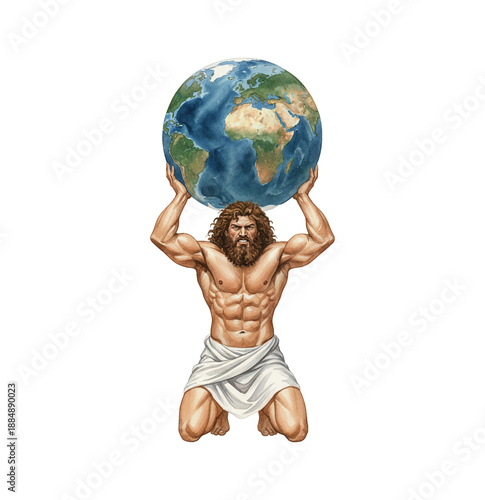 Muscular bearded man representing Atlas kneeling holding the Earth globe above head with determined expression