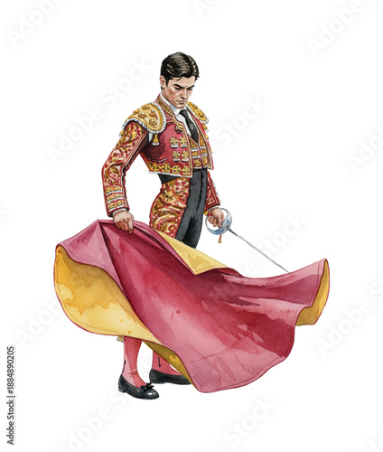 Spanish Matador Holding Red Cape and Sword with Focused Expression in Traditional Elaborate Suit