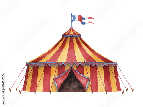 Vibrant striped red and yellow circus tent with a blue and white flag on top showing an open entrance watercolor illustration on white