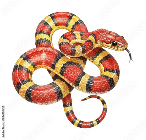 A vibrant red yellow and black banded snake with its tongue flicking out in a detailed coiled illustration