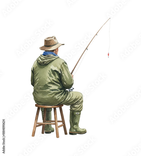 Man fishing sitting on a stool holding a rod with a bobber wearing a hat and green outdoor clothing