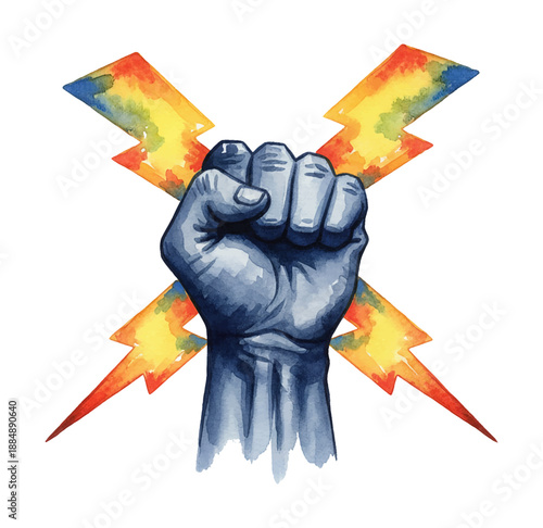 A powerful clenched fist in blue watercolor with colorful crossed lightning bolts symbolizing strength and energy
