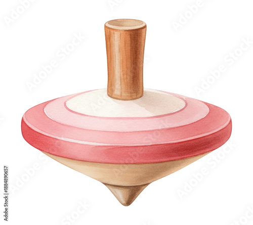 Classic spinning top toy with pink and white stripes and wooden handle watercolor illustration
