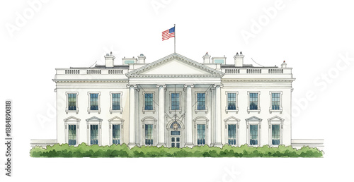 White House watercolor illustration iconic American landmark with flag and green bushes on a sunny day