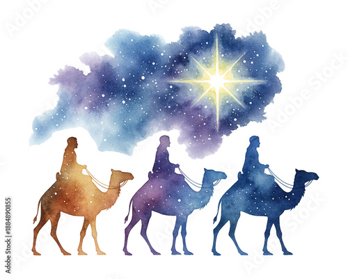 Three Wise Men riding camels following a guiding star in a mystical watercolor night sky journey