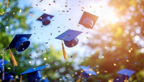 Graduation caps are soaring through the air against a bright blue sky, celebrating academic achievements with confetti and joyful atmosphere