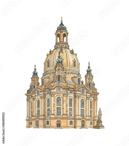 Detailed Watercolor Illustration of Dresden Frauenkirche Church Grand European Baroque Architecture