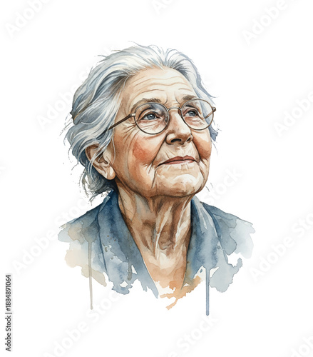Caucasian Elderly Woman Looking Up Thoughtfully with Gentle Expression Wearing Glasses Watercolor Portrait