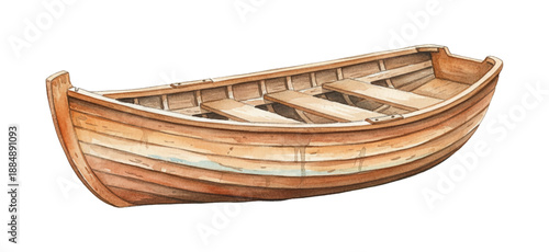 Traditional wooden rowboat dinghy with classic details in a hand painted watercolor illustration style
