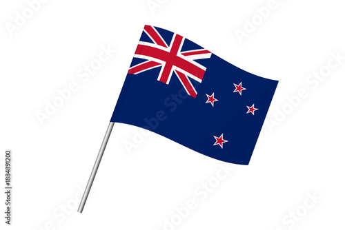 New Zealand flag - wavy stick flag of country, cultural identity and heritage. Represents national pride and unity. Vector flag isolated on white background.