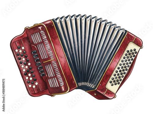 Classic Red Accordion Musical Instrument with Bellows Buttons and Keys Detailed Illustration
