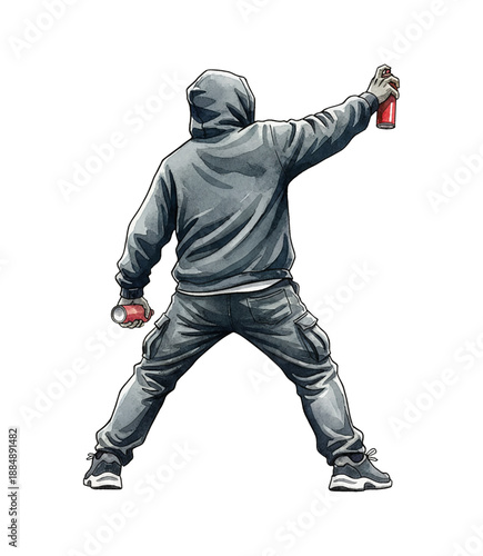 Person in grey hoodie spraying black paint with aerosol can making street art from behind action pose