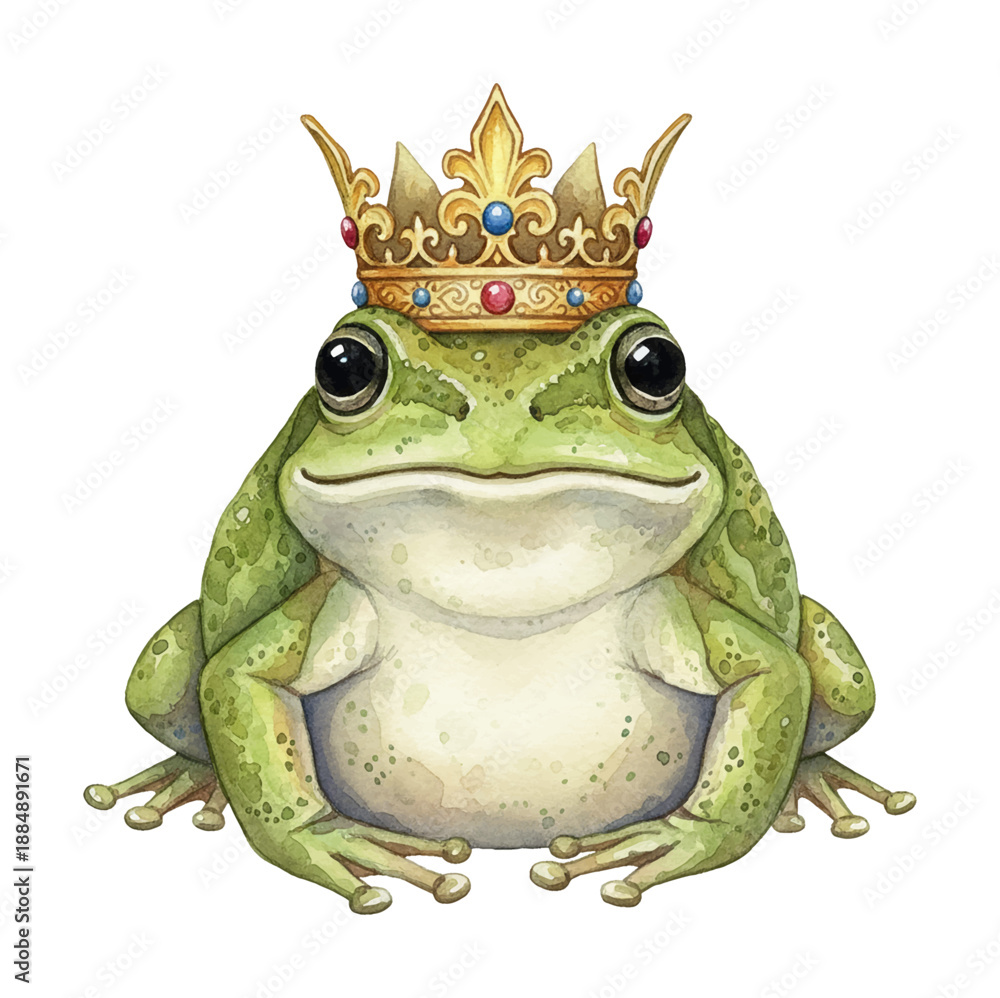 Fototapeta premium Regal Green Frog Wearing a Golden Crown with Colorful Gems Sitting Serenely in a Detailed Watercolor Illustration