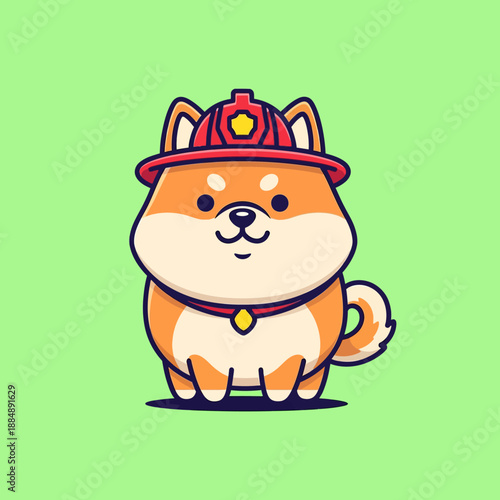 Cute Shiba Inu Dog Wearing Firefighter Helmet Cartoon Vector Icon Illustration.