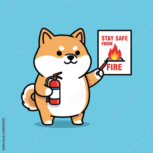 Cute Shiba Inu Dog Teaching Fire Safety with Extinguisher.