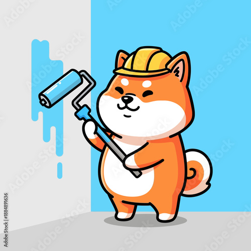 Cute Shiba Inu Dog Wearing Hard Hat Painting Wall with Roller.