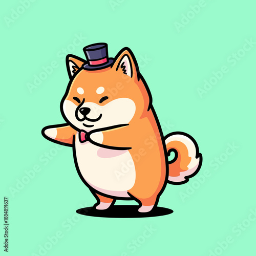 Cute Shiba Inu Dog Wearing a Top Hat and Bow Tie.