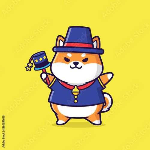 Cute Shiba Inu Dog Wearing Magician Hat and Holding Magic Wand.
