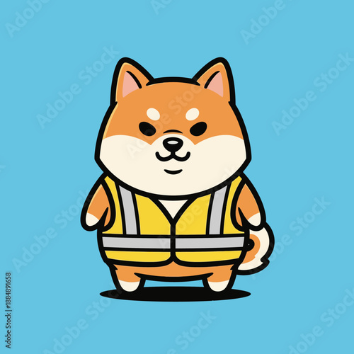 Cute Shiba Inu Dog Wearing Safety Vest Cartoon Illustration.