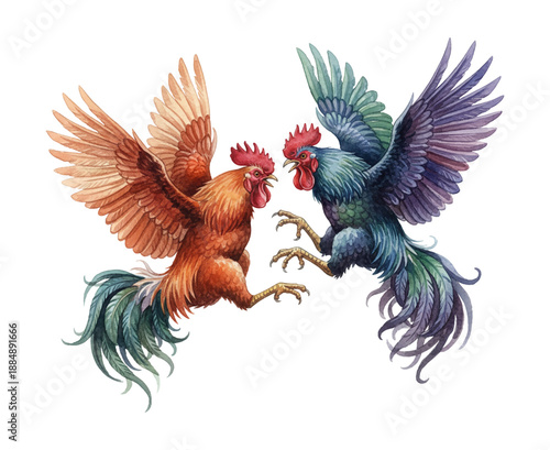 Two vibrant roosters engaging in a fierce battle midair with wings open and talons out