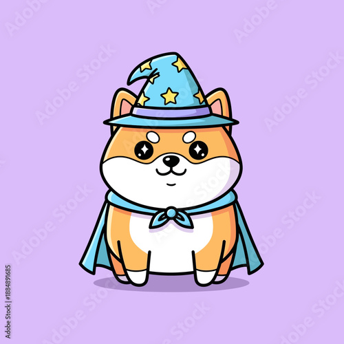 Cute Shiba Inu Dog Wizard Mascot Cartoon.