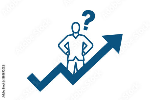 A person stands on an upward trend line with a question mark above their head, symbolizing uncertainty in business growth.