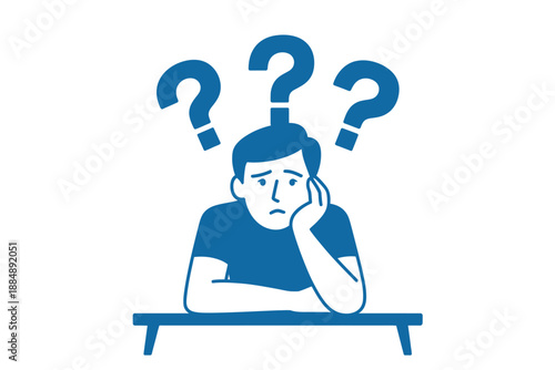 A man sitting at a table with question marks above his head, looking confused and unsure.
