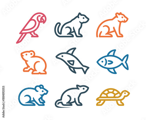 A colorful illustration of various animal icons including a parrot, cat, mouse, dolphin, fish, turtle, and rodent on a white background.