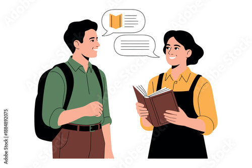 A man and woman engaged in a conversation about a book