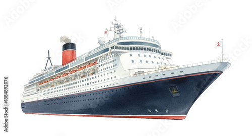 A detailed watercolor illustration of a large cruise ship with a dark hull and red smokestack floating on water