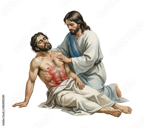 Jesus Christ comforts a suffering wounded man with blood on his chest showing compassion and solace watercolor illustration