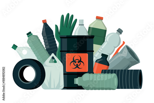 A collection of hazardous waste including plastic bottles and a biohazard barrel