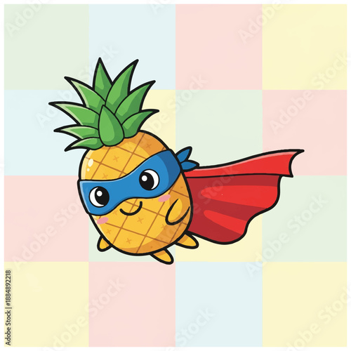 Cartoon Pineapple Superhero with Cape and Mask.