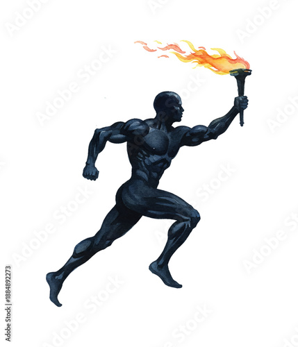 Muscular African American man running with a flaming torch showing power and determination in a dynamic pose