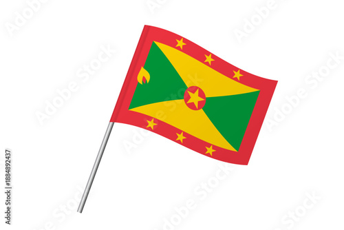Grenada flag - wavy stick flag of country, cultural identity and heritage. Represents national pride and unity. Vector flag isolated on white background.