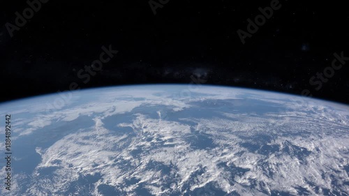 Earth horizon above clouds and ocean, slow orbital fly over animation based on Nasa imagery