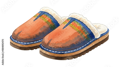 Warm House Slippers with Colorful Stripe Pattern and Soft Lining Watercolor Illustration White Background