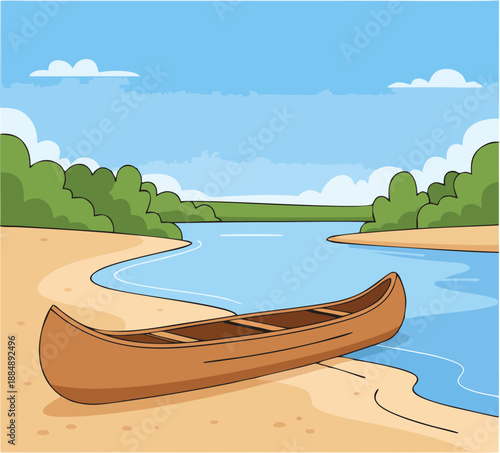 Brown canoe docked on sandy river with curving blue water, lush green trees, and bright sky vector illustration