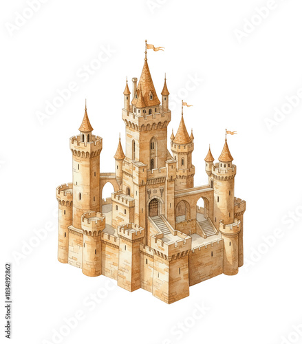 Majestic fairytale castle with multiple turrets towers and flags detailed watercolor illustration on white background