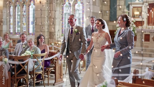 Wallpaper Mural bride walks down aisle with parents in beautiful church ceremony | wedding, ceremony, family, love, celebration theme Torontodigital.ca