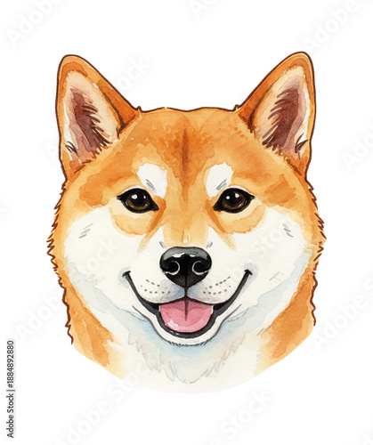 Cute happy smiling Shiba Inu dog head portrait with an open mouth and pink tongue showing in a vibrant watercolor painting style