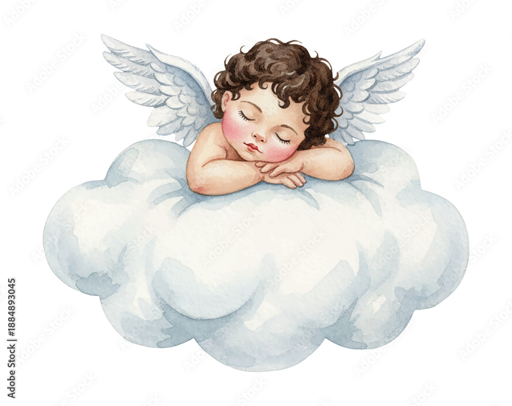 Fototapeta premium A peaceful sleeping cherubic baby with white wings resting on a soft cloud watercolor illustration