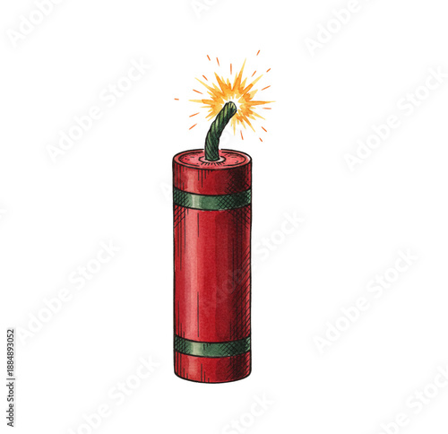 Explosive red dynamite stick with a green fuse actively sparking and ready to blast