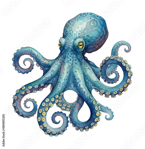 Vibrant Blue Octopus Swimming Gracefully with Curled Tentacles Isolated on White Background Watercolor Painting